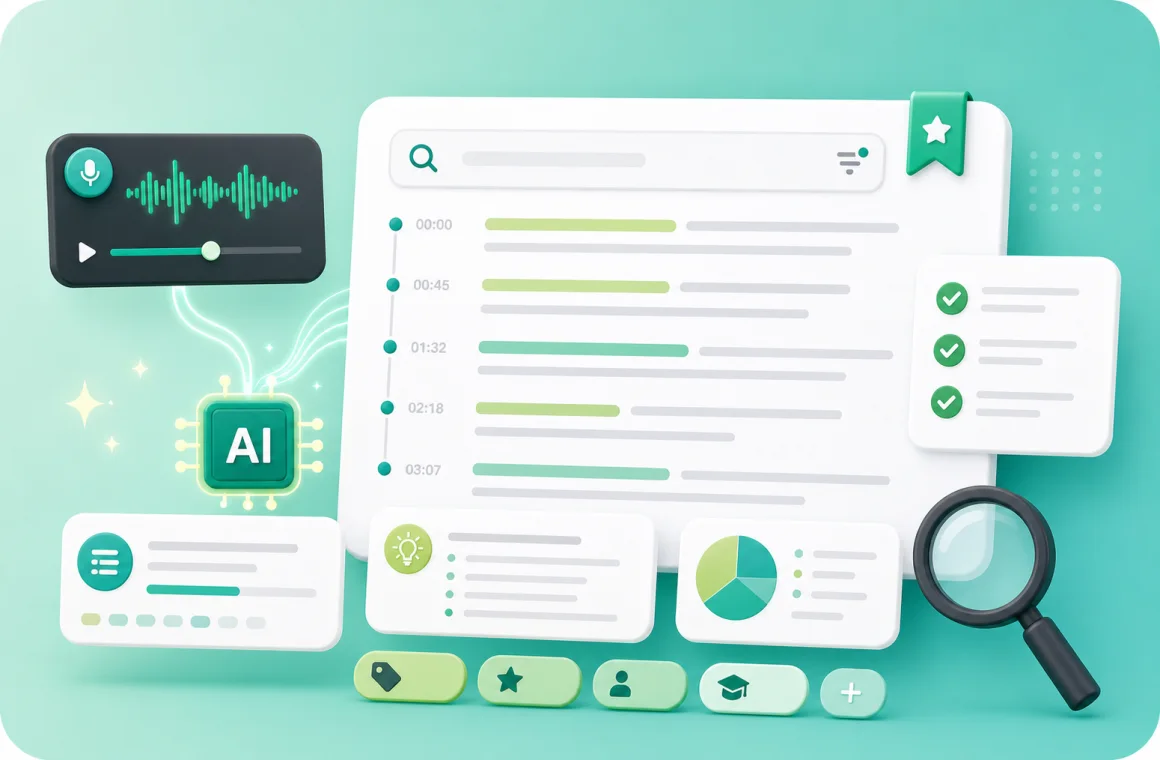AI analyzes audio transcripts with search, highlights, and timestamps