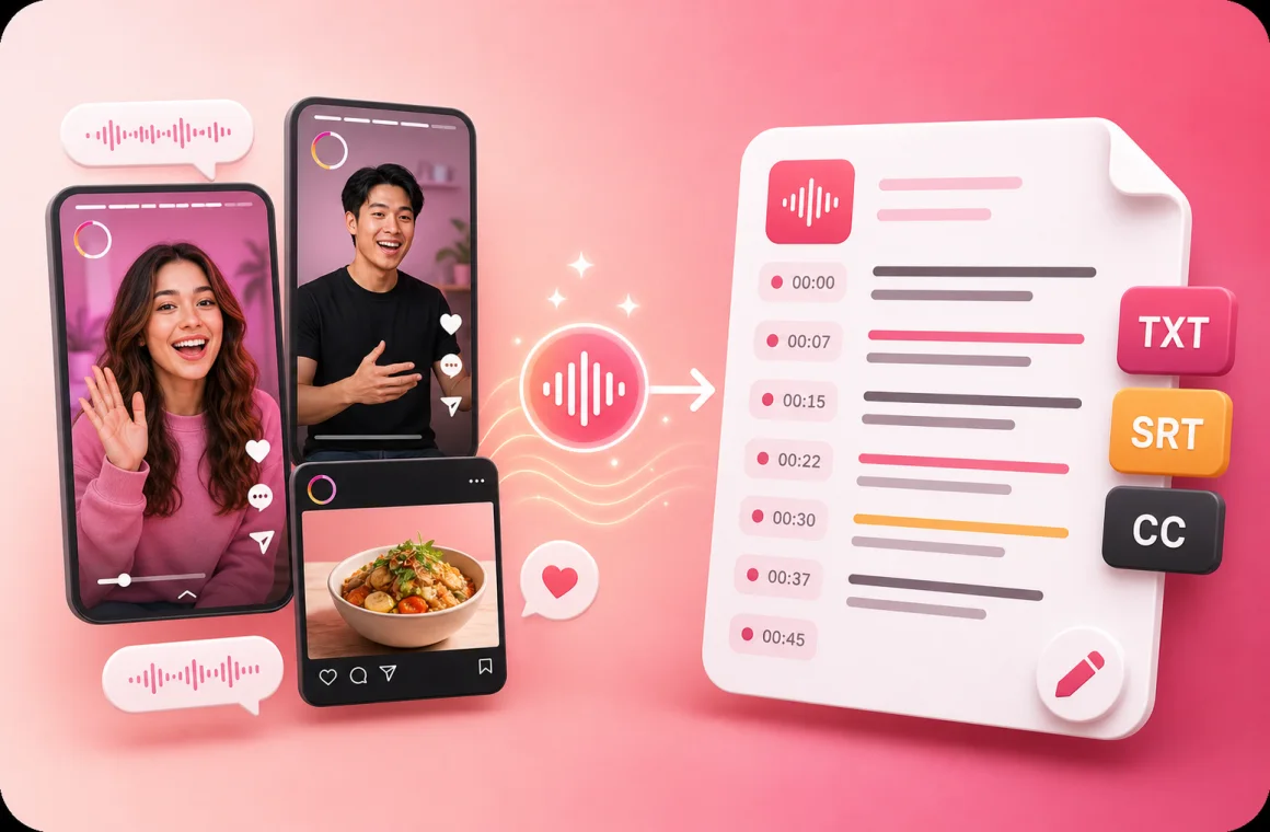 Instagram transcript generator illustration with Reels and Stories becoming transcript text
