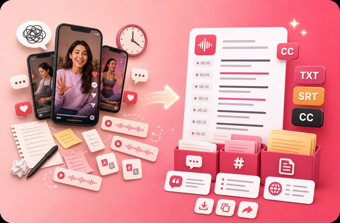 One social video becoming organized captions, summaries, and transcript outputs
