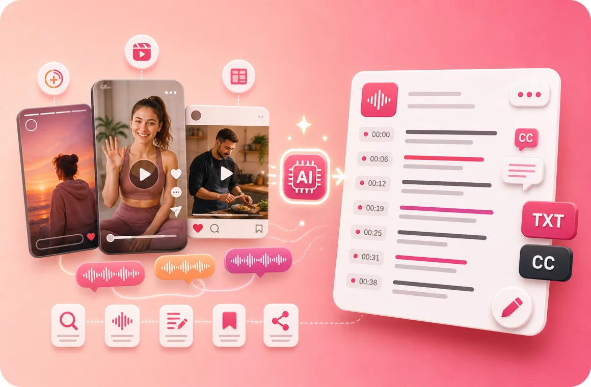 Instagram-style video posts converting into searchable editable transcripts