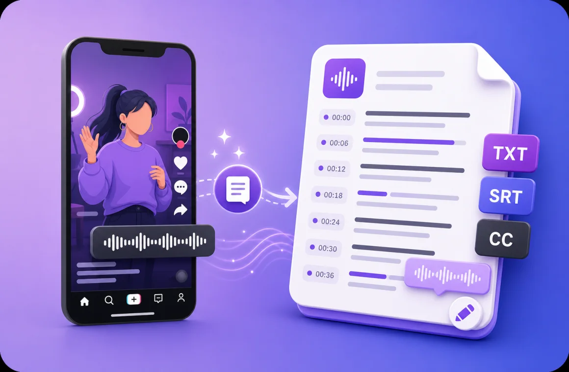TikTok transcript generator illustration with short vertical video becoming editable text