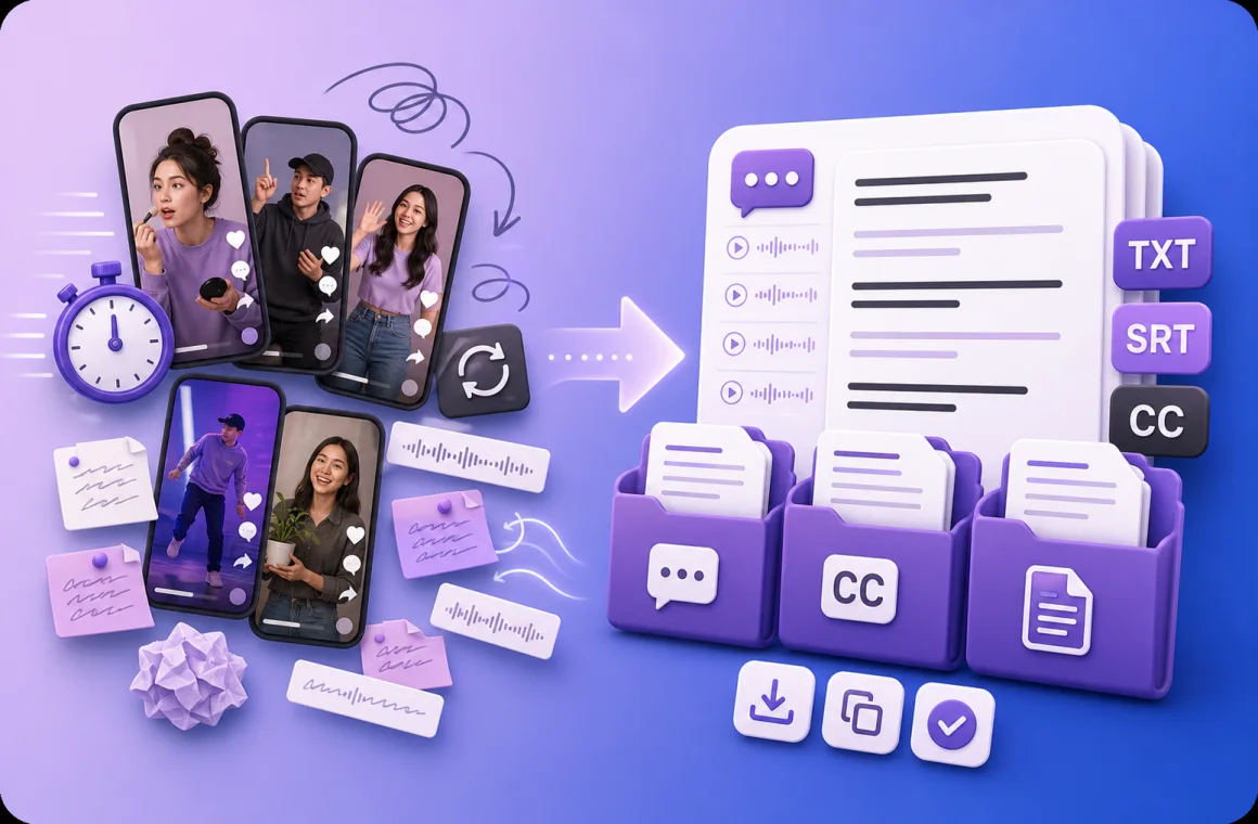 Messy short-video notes becoming organized caption and script outputs