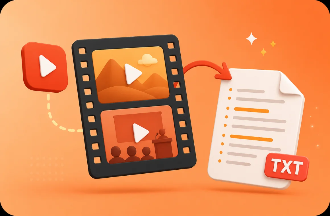 Video to text converter illustration with video clips becoming a TXT transcript