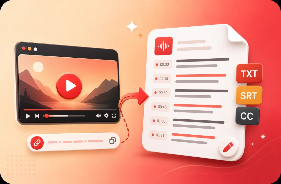 YouTube transcript generator illustration with a video link becoming timestamped text